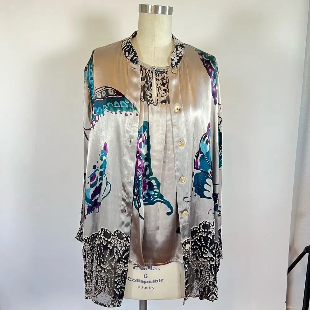 CITRON silver metallic butterfly print boho silk top shirt set